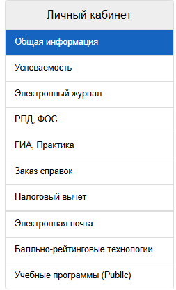 Навигационное меню личного кабинета